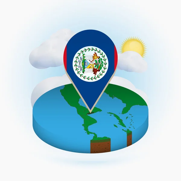 Carte ronde isométrique de Belize et marqueur de point avec drapeau de Belize — Image vectorielle