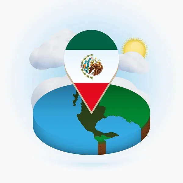 Izometryczna okrągła Mapa Meksyku i znacznik punktowy z flagą Meksyku — Wektor stockowy