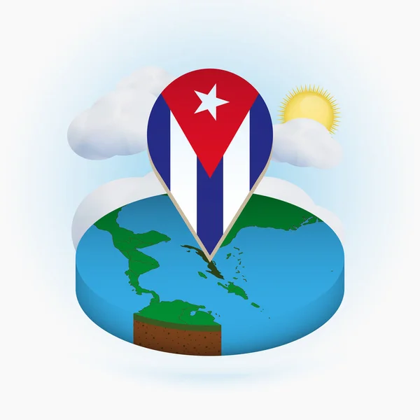 Carte ronde isométrique de Cuba et marqueur de point avec drapeau de Cuba . — Image vectorielle