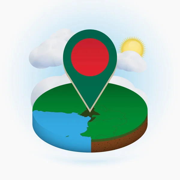 Mapa isométrico redondo de Bangladesh y marcador de punto con la bandera de Bangladesh — Archivo Imágenes Vectoriales