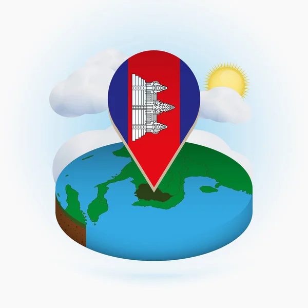 Isométrico mapa redondo de Camboya y marcador de punto con bandera de Camboya — Archivo Imágenes Vectoriales