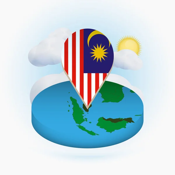 Isométrico mapa redondo de Malasia y marcador de punto con la bandera de Malasia — Vector de stock