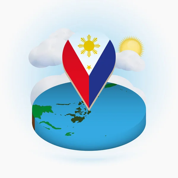 Isométrico mapa redondo de Filipinas y marcador de punto con la bandera de Filipinas — Vector de stock