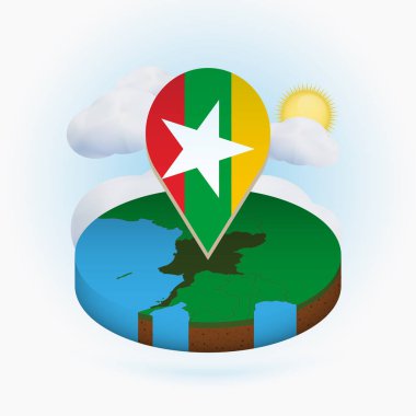 Myanmar izometrik yuvarlak harita ve Myanmar bayrağı ile nokta işareti