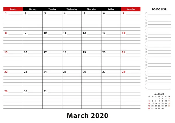 Marzo 2020 Mensual Desk Pad Calendario semana comienza desde el domingo, tamaño A3 . — Vector de stock