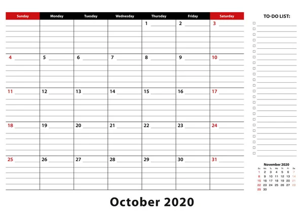 Octubre 2020 Mensual Desk Pad Calendario semana comienza desde el domingo, tamaño A3 . — Vector de stock