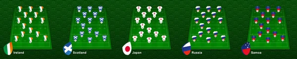 Pozice hráče na Rugby poli pro národní tým Irska, Skotska, Japonska, Ruska, Samoa. — Stockový vektor
