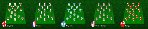 Posición de jugador en el campo de rugby para la selección nacional de Inglaterra, Francia, Argentina, USA, Tonga . — Archivo Imágenes Vectoriales