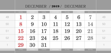 Aralık 2019 üç aylık takvim bloğu. İngilizce duvar takvimi, hafta Pazar başlar. 