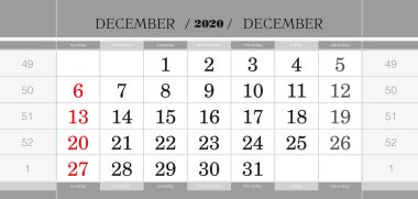 Aralık 2020 üç aylık takvim bloğu. İngilizce duvar takvimi, hafta Pazar başlar. 