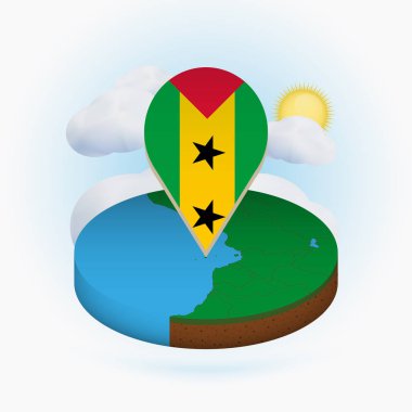 Sao Tome ve Principe izometrik yuvarlak harita ve Sao Tome ve Principe bayrağı ile nokta işareti. 
