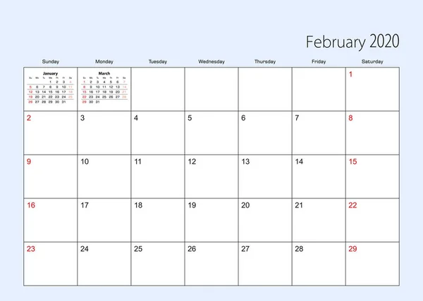 Planejador de calendário de parede para fevereiro 2020. Língua inglesa, semana começa a partir de domingo . — Vetor de Stock