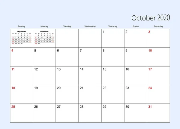 Planificador de calendario mural para octubre de 2020. Idioma inglés, semana comienza el domingo . — Vector de stock