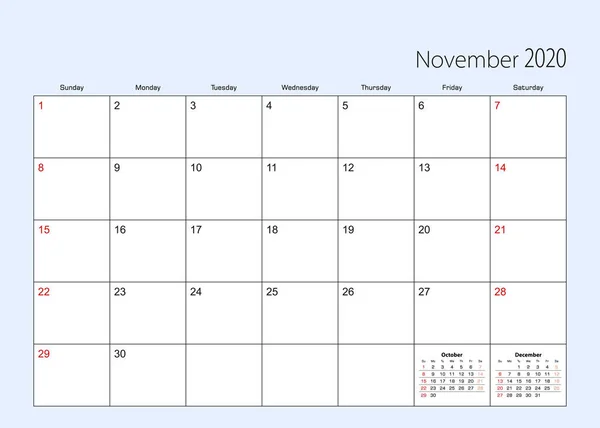 Προγραμματιστής ημερολογίου τοίχου για το Νοέμβριο 2020. Αγγλική γλώσσα, η εβδομάδα ξεκινά από την Κυριακή. — Διανυσματικό Αρχείο