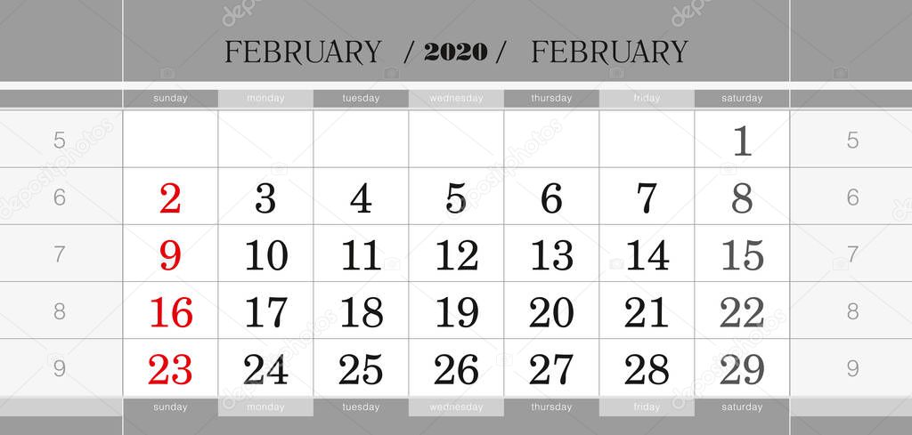 February 2020 quarterly calendar block. Wall calendar in English, week starts from Sunday. 