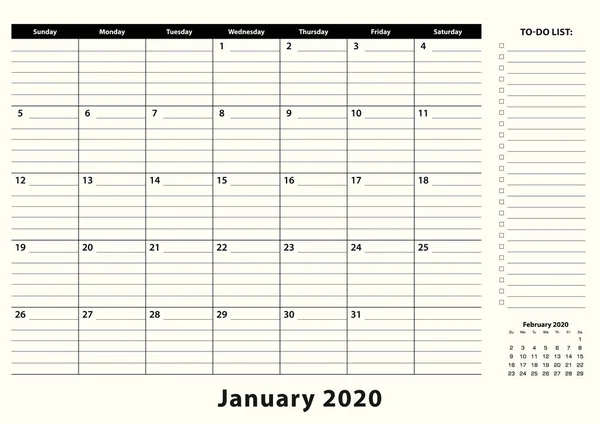 January 2020 Monthly Business Desk Pad Calendar. — Stock Vector