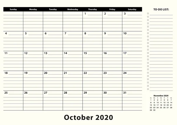 Octubre 2020 Mensual Business Desk Pad Calendar . — Vector de stock