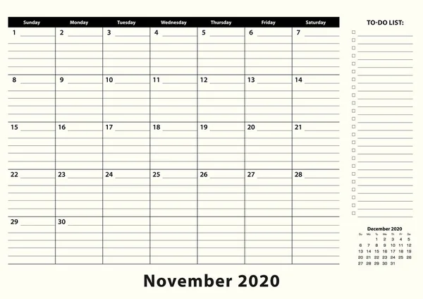 Noviembre 2020 Mensual Business Desk Pad Calendar . — Vector de stock
