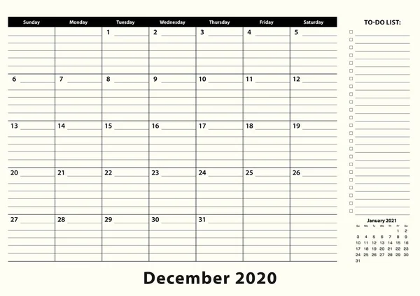 Prosinec 2020 kalendář měsíčního pracovního stolu. — Stockový vektor