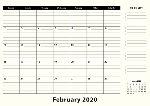 Februari 2020 maandelijkse Business Desk pad kalender. — Stockvector