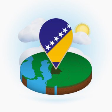 Bosna-Hersek'in izometrik yuvarlak haritası ve Bosna bayrağı ile işaret işareti.