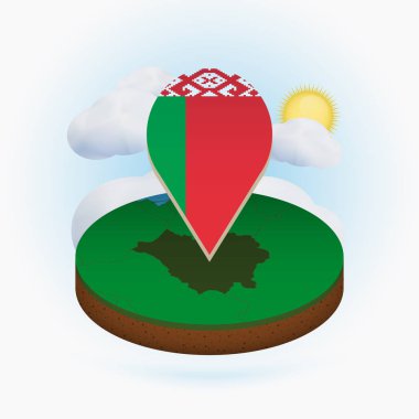 Belarus izometrik yuvarlak harita ve Belarus bayrağı ile nokta işareti