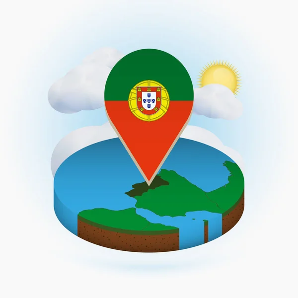 Mapa redondo isométrico de Portugal e marcador de ponto com bandeira de Portugal — Vetor de Stock
