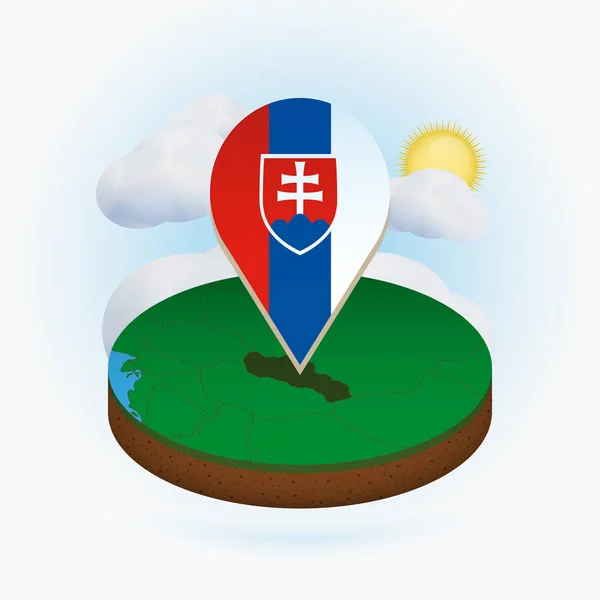 Mapa isométrico redondo de Eslovaquia y marcador de punto con la bandera de Eslovaquia — Archivo Imágenes Vectoriales