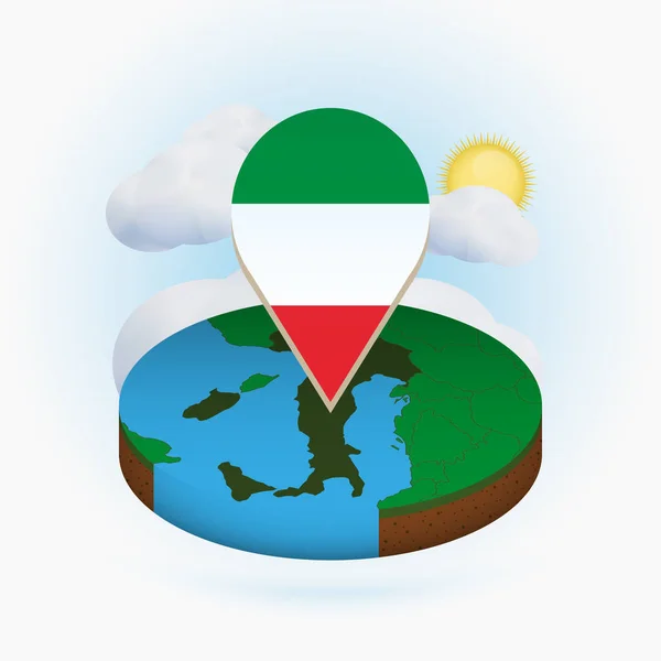 Carte ronde isométrique de l'Italie et marqueur de point avec drapeau de l'Italie — Image vectorielle