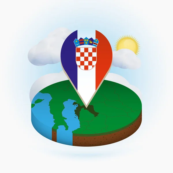 Mapa redondo isométrico da Croácia e marcador de ponto com bandeira da Croácia — Vetor de Stock