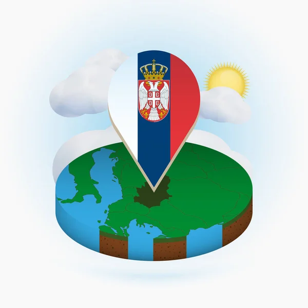 Isometric round map of Serbia and point marker with flag of Serbia — Stock Vector