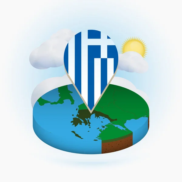 Yunanistan izometrik yuvarlak harita ve Yunanistan bayrağı ile nokta işareti — Stok Vektör