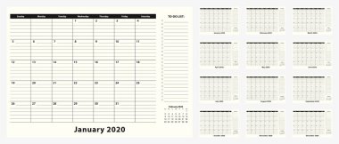 Aylık İş Masası Takvimi 2020, 12 ay.