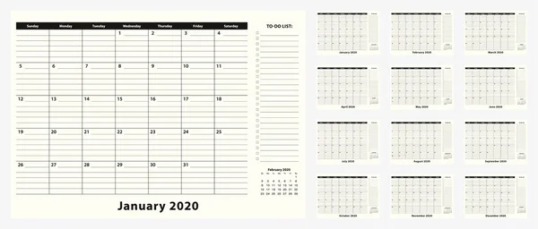 Calendario mensual de almohadillas de escritorio para el año 2020, 12 meses . — Vector de stock