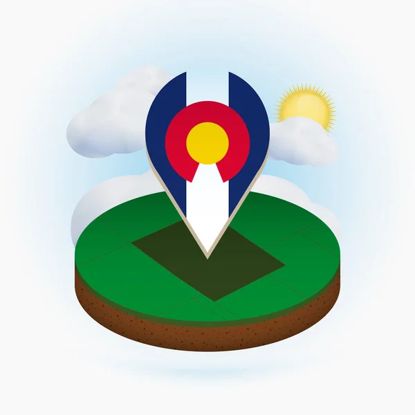 Mappa isometrica rotonda dello stato degli Stati Uniti Colorado e indicatore di punto con la bandiera di Colorado . — Vettoriale Stock