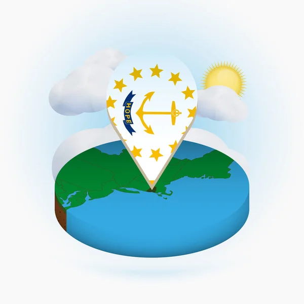 Isométrico mapa redondo del estado de Rhode Island y marcador de punto con la bandera de Rhode Island . — Vector de stock