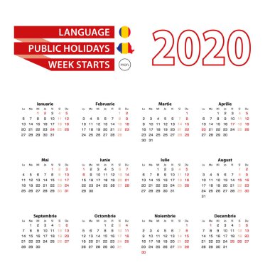 2020 yılında Romanya 'da resmi tatillerle birlikte Rumence 2020 takvimi. Hafta pazartesiden itibaren başlıyor. 