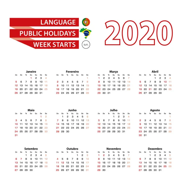 Ημερολόγιο 2020 στην πορτογαλική γλώσσα με αργίες στη χώρα της Βραζιλίας το έτος 2020. Εβδομάδα ξεκινά από την Κυριακή. — Διανυσματικό Αρχείο