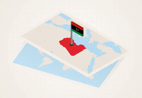 Libia seleccionada en el mapa con la bandera 3D de Libia . — Vector de stock