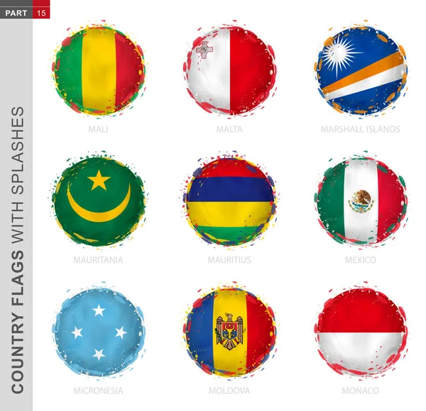 Collection drapeau, drapeau rond grunge avec éclaboussures. 9 drapeaux vectoriels — Image vectorielle