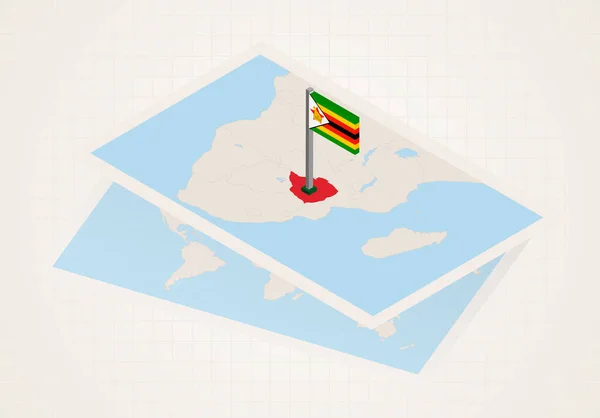 Zimbábue selecionado no mapa com a bandeira 3D de Zimbábue . —  Vetores de Stock