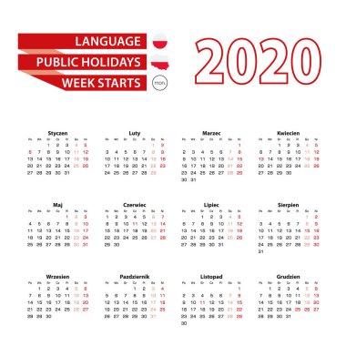 2020 yılında Polonya 'da resmi tatillerle birlikte Polonya dilinde 2020 takvimi. Hafta pazartesiden itibaren başlıyor. 