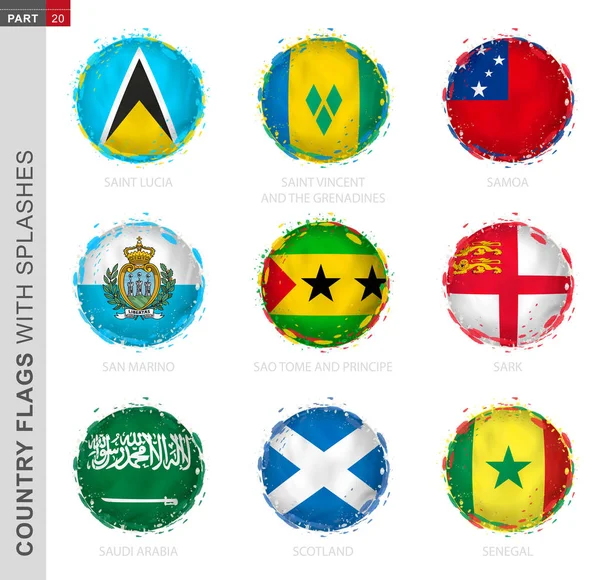 Vlaggetjesverzameling, ronde grunge vlag met spatten. 9 vectorvlaggen — Stockvector