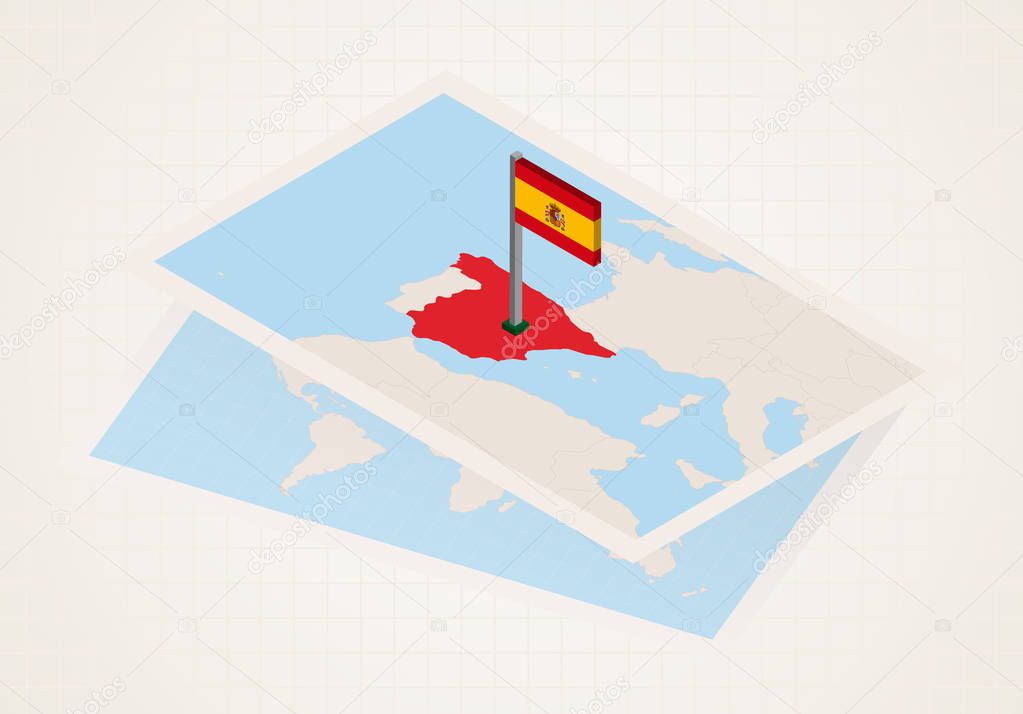 Spain selected on map with isometric flag of Spain. 