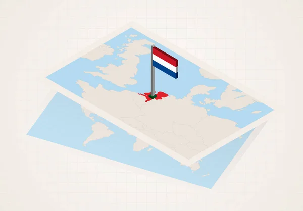 Nederland geselecteerd op kaart met isometrische vlag van Nederland. — Stockvector