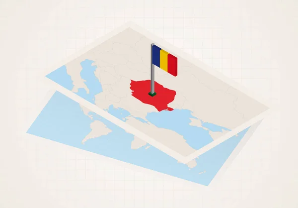 Rumania seleccionado en el mapa con la bandera isométrica de Rumania . — Vector de stock