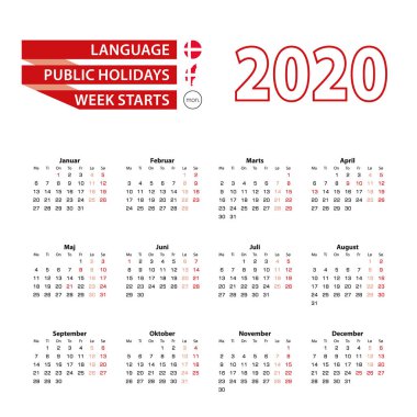2020 yılında Danimarka 'da resmi tatillerle birlikte Danimarka dilinde 2020 takvimi. Hafta pazartesiden itibaren başlıyor.