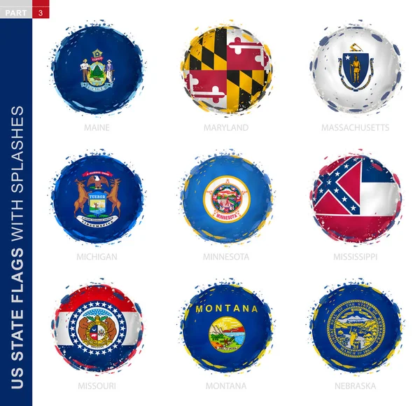 Recolección de bandera del Estado de Estados Unidos, bandera grunge redonda con salpicaduras. 9 banderas vectoriales — Vector de stock