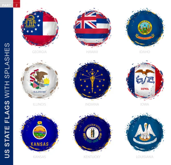 Us state flag collection, runde Grunge-Flagge mit Spritzern. 9 Vektorfahnen — Stockvektor