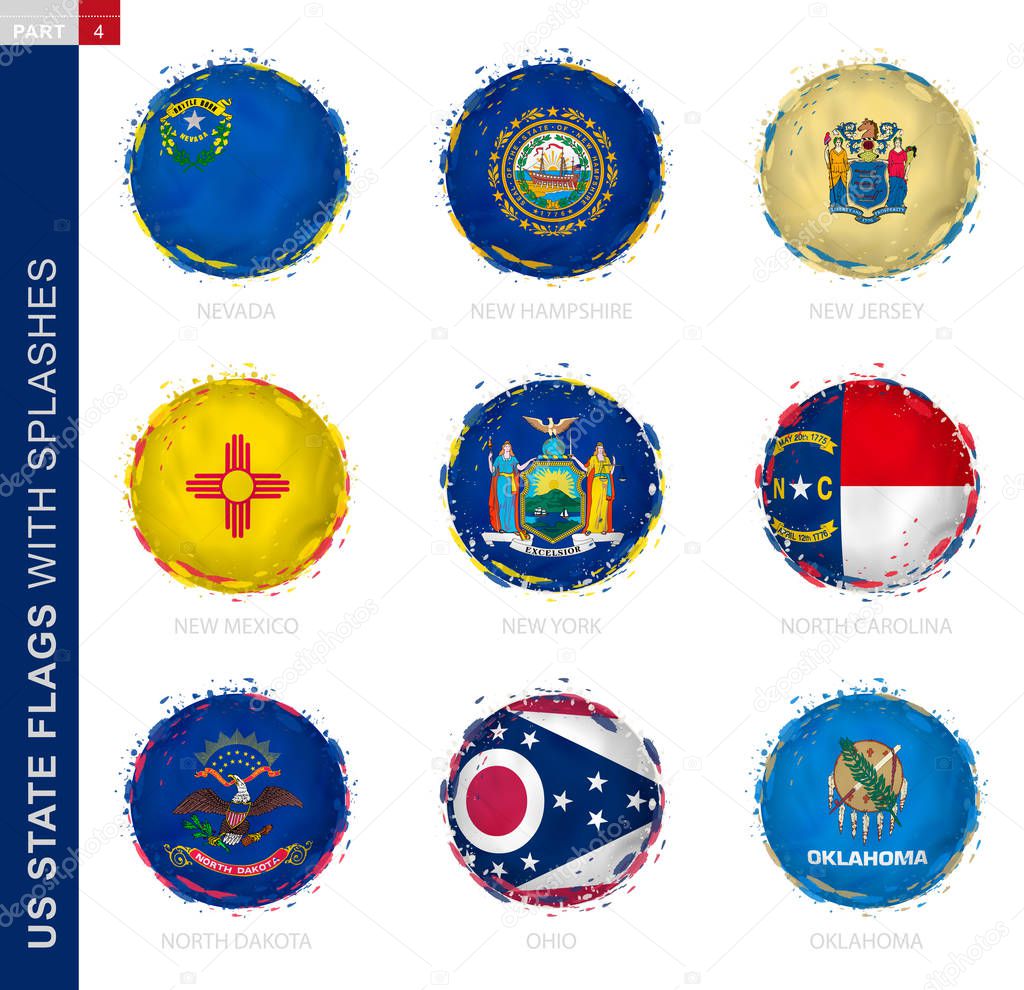 US State flag collection, round grunge flag with splashes. 9 vector flags